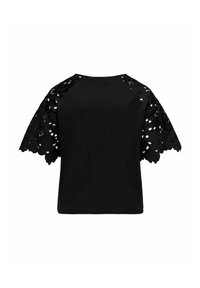 Black t-shirt featuring intricate lace sleeves with floral cutouts, solid back, and a rounded neckline. Soft cotton material.