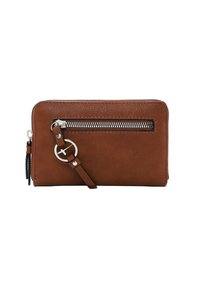 Portefeuille en cuir marron avec une finition texturée, mettant en avant une fermeture éclair en argent et un accent métallique rond avec une sangle attachée.