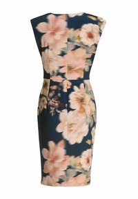 Jurk met bloemmotief in marineblauw, met grote roze bloemen. Strakke pasvorm met kapmouwtjes en een verborgen ritssluiting aan de achterkant.