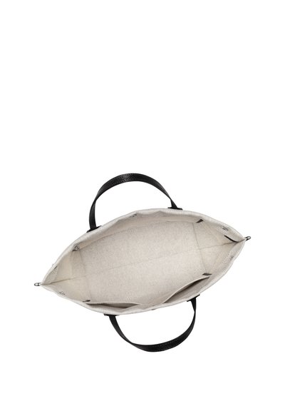 Large tote bag with a textured black handle, beige interior, and sturdy canvas material. Open design with multiple pockets for organization.