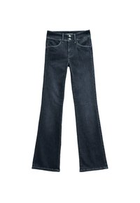 Jeans acampanados azul oscuro con cierre de doble botón y sutil detalle de costura en los bolsillos delanteros, extendidos sobre un fondo blanco.