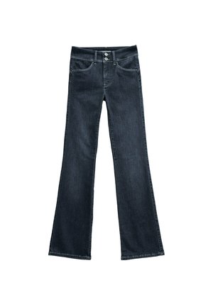 Jeans acampanados azul oscuro con cierre de doble botón y sutil detalle de costura en los bolsillos delanteros, extendidos sobre un fondo blanco.