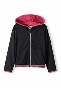 Felpa nera con zip e cappuccio interno rosa. Presenta tasche e dettagli a strisce rosa sui polsini e sull'orlo. Realizzata in tessuto liscio.