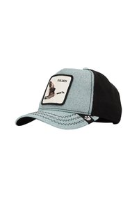 Cappellino azzurro chiaro con retro in rete nera, dotato di un'etichetta quadrata con un uccello ricamato, testo "GOLDEN" e cuciture a zig zag sulla visiera.
