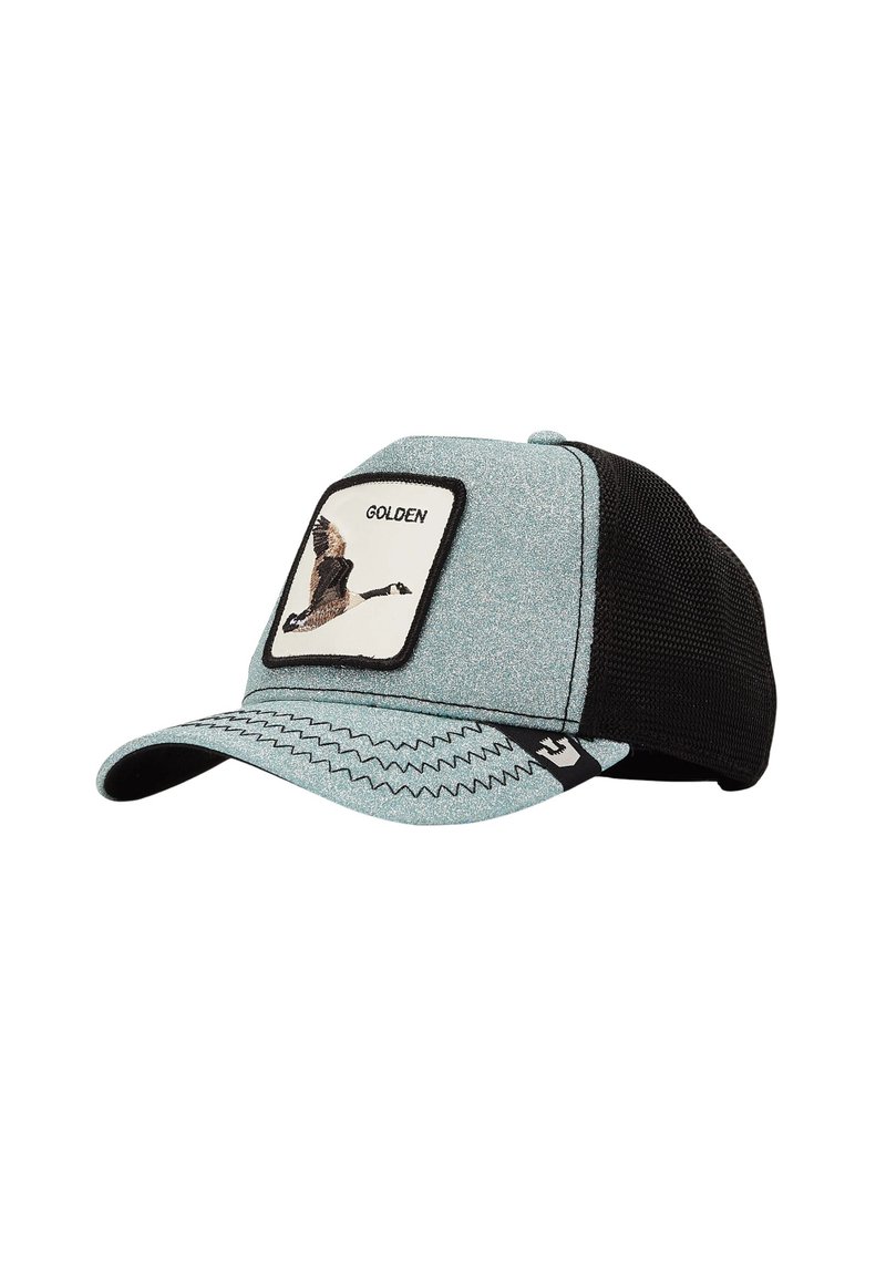 Cappellino azzurro chiaro con retro in rete nera, dotato di un'etichetta quadrata con un uccello ricamato, testo "GOLDEN" e cuciture a zig zag sulla visiera.