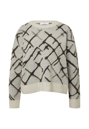 Sweter wykonany z miękkiego, jasnoszarego materiału z ciemnobrązowym abstrakcyjnym wzorem. Posiada okrągły dekolt, długie rękawy oraz ściągacze.