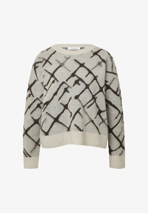 Sweter wykonany z miękkiego, jasnoszarego materiału z ciemnobrązowym abstrakcyjnym wzorem. Posiada okrągły dekolt, długie rękawy oraz ściągacze.