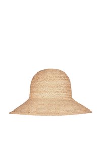Ein breitkrempiger Strohhut in einem natürlichen Beige. Er hat eine runde Krone und eine strukturierte Oberfläche, ideal zum Sonnenschutz.