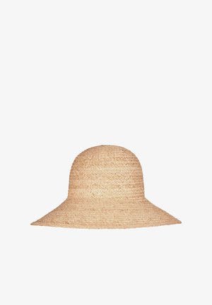 Szeroki kapelusz słomkowy w naturalnym beżowym kolorze. Posiada okrągłą koronę i teksturowane wykończenie, idealny do ochrony przed słońcem.