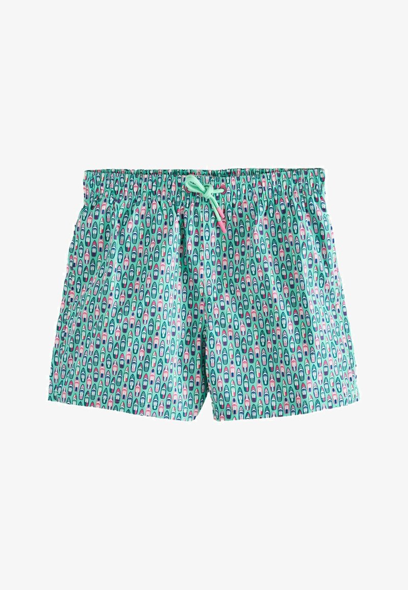 Short de bain turquoise avec motif bateau rose et blanc, taille élastique et lien à cordon vert menthe.