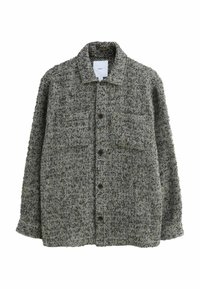 Sako so vzorom rybej kosti v sivej a čiernej farbe, vyrobené z textúrovanej látky. Obsahuje golier a dve predné vrecká so zapínaním na gombíky.