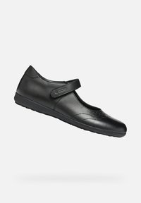 Scarpa Mary Jane in pelle nera con punta rotonda, cinturino regolabile, dettagli trapuntati e suola flessibile. Design leggero per il massimo comfort.