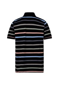 Schwarzes Poloshirt mit horizontalen Streifen in Pastellfarben: Pink, Blau, Grün und Grau. Verfügt über einen klassischen Kragen und kurze Ärmel.