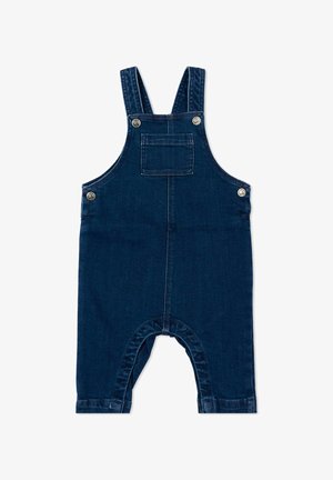 Donkerblauwe denim baby-overalls met voorzak, verstelbare schouderbandjes en metalen knoopsluitingen aan de zijkanten en bandjes.