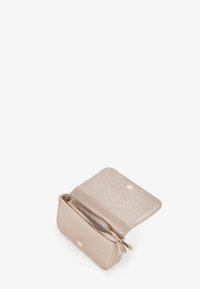 Piccola pochette con zip color champagne metallico, caratterizzata da una texture liscia, una cerniera dorata e una chiusura a bottone singolo.