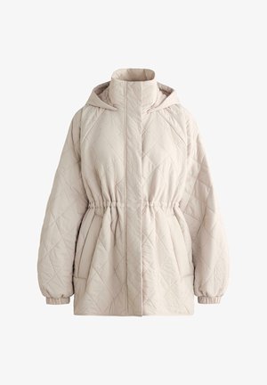 Beżowa pikowana kurtka z kapturem, z regulowanym sznurkiem w talii, elastycznymi mankietami i bocznymi kieszeniami. Gładki, lekki materiał.