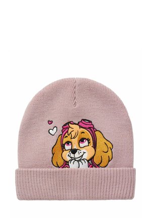 Pink knitted beanie featuring an embroidered dog face with a pink headband and hearts, rolled cuff, soft texture, and snug fit.
