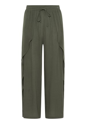 Pantalones de pierna ancha en verde oliva con cintura ajustable, que presentan paneles laterales con un suave efecto de caída. Hechos de una tela ligera.