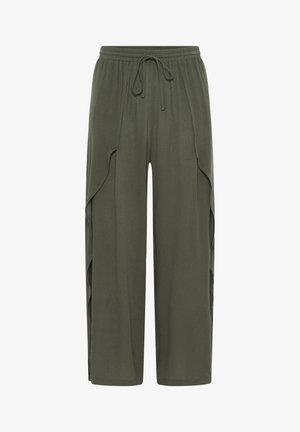 Olivovo zelené, široké nohavice s elastickým pásom, s bočnými panelmi a jemným drapovaným efektom. Vyrobené z ľahkého materiálu.