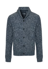 Cardigan lavorato a maglia blu navy con colletto scialle, cinque bottoni neri, polsini e orlo a coste, caratterizzato da un motivo testurizzato su tutta la superficie.