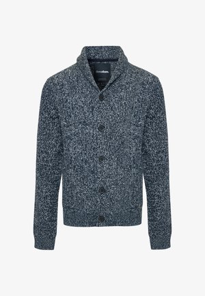 Námořnický modrý pletený cardigan s šálovým límcem, pěti černými knoflíky, žebrovanými manžetami a lemem, s texturovaným vzorem po celé ploše.