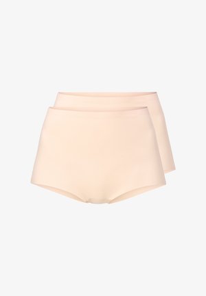 Wysokiej talii cieliste majtki wykonane z miękkiego, elastycznego materiału. Charakteryzują się gładką teksturą i minimalistycznym designem bez zdobień. Pokazane dwa modele.