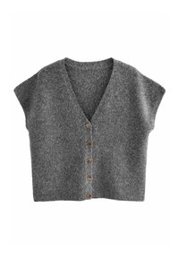 Cardigan gris à manches courtes tricoté avec col en V et cinq boutons marron sur le devant, en tissu doux texturé.