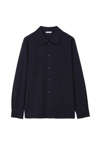 Camicia button-up blu navy con colletto, due tasche sul petto e tasche laterali. Realizzata in un tessuto liscio e morbido.