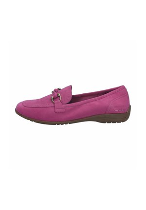 Women's bright pink suede loafer with metal buckle detail and brown rubber sole, low heel, side stitching, and rounded toe.
