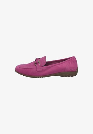 Women's bright pink suede loafer with metal buckle detail and brown rubber sole, low heel, side stitching, and rounded toe.