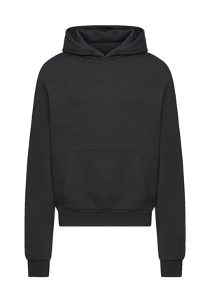 Schwarzer Hoodie mit einer Fronttasche, Kordelzugkapuze, gerippten Bündchen und Saum. Hergestellt aus einem glatten Stoff mit einer lockeren Passform. Schlichtes Design.