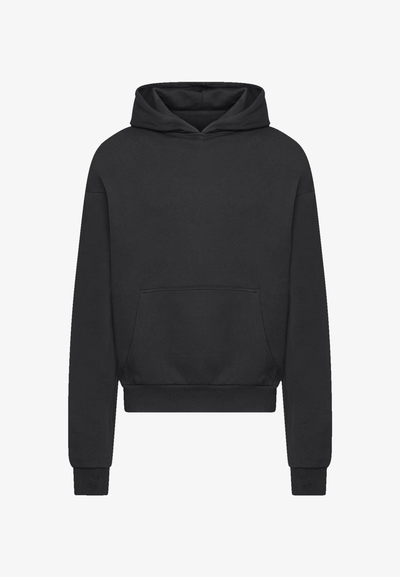 Schwarzer Hoodie mit einer Fronttasche, Kordelzugkapuze, gerippten Bündchen und Saum. Hergestellt aus einem glatten Stoff mit einer lockeren Passform. Schlichtes Design.
