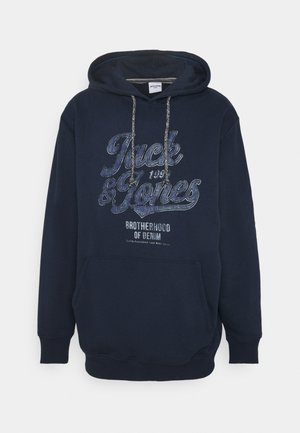 Navy blue hooded sweatshirt with front pouch pocket, drawstrings, and "Jack & Jones Brotherhood of Denim" printed in faded blue and white text.