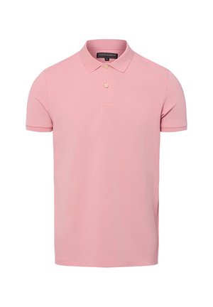 Męska jasnoróżowa koszulka polo z krótkim rękawem, z dwoma beżowymi guzikami i kołnierzykiem, bez widocznych wzorów lub logo na przodzie.