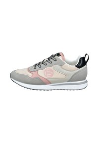 Graue und beige Sneaker mit rosa Akzenten, glatten und Wildledermaterialien, schwarzer Ferse, weißer Sohle und rundem Logo an der Seite.