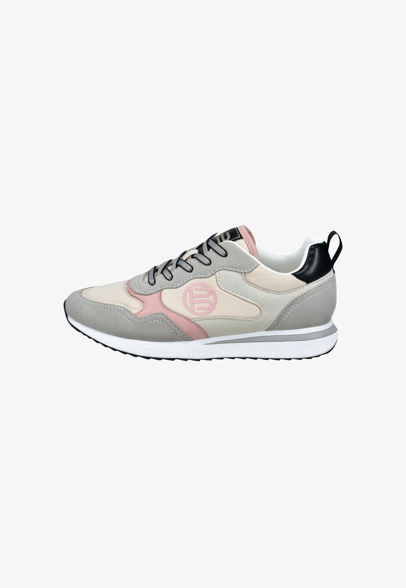 Graue und beige Sneaker mit rosa Akzenten, glatten und Wildledermaterialien, schwarzer Ferse, weißer Sohle und rundem Logo an der Seite.