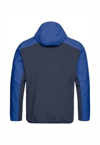 Veste gris foncé avec une capuche et des manches bleues, en tissu lisse, présentant un panneau arrière texturé et une coupe décontractée.