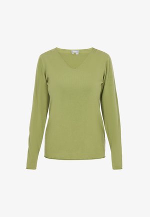 Zöld, hosszú ujjú, V nyakú felső, puha anyagból készült, testhez simuló fazonnal és sima textúrával, látható minták vagy díszítések nélkül.