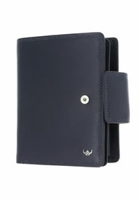 Portefeuille en cuir bleu marine avec fermeture pression, coutures visibles et petit logo métallique en bas à l'avant.