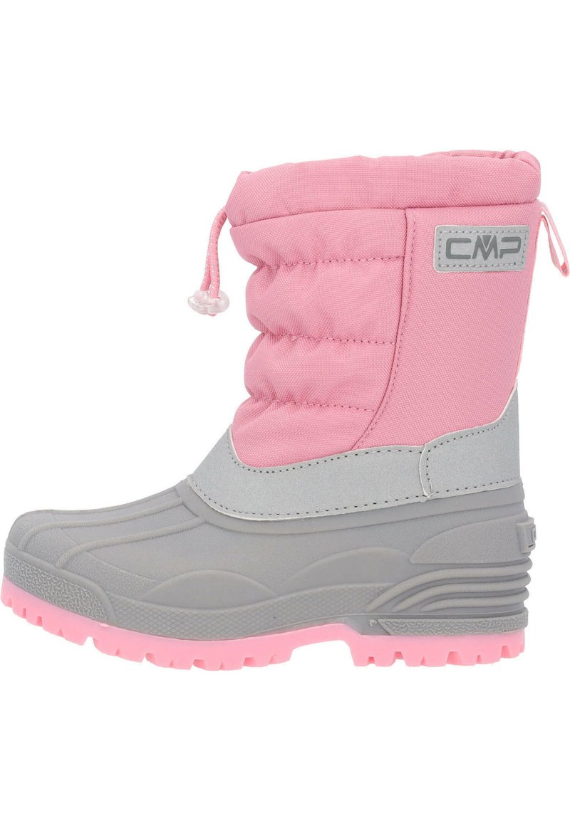 Rosa und graue wasserdichte Stiefel mit gepolstertem Schaft, strukturiertem Gummisohle, Zugbandverschluss und CMP-Logo an der Seite.