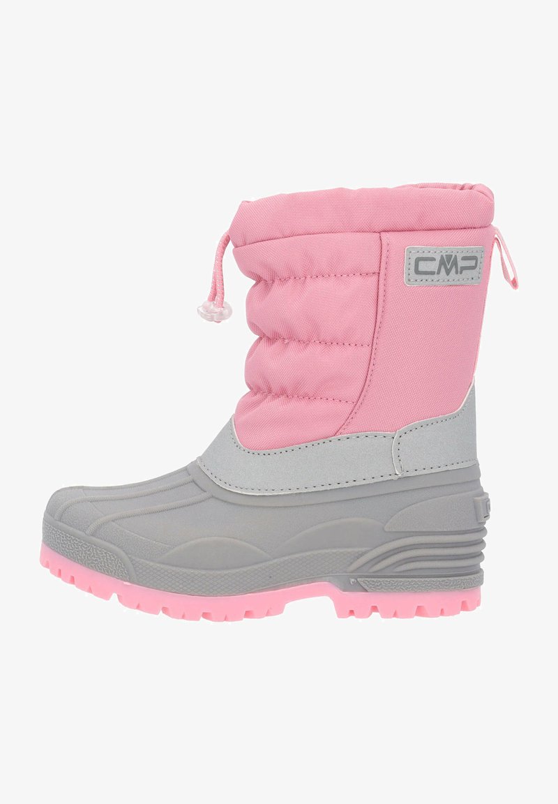 Pink and gray waterproof boot with a padded shaft, textured rubber sole, drawstring closure, and CMP logo on the side.