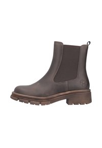 Bottines en cuir marron avec des panneaux élastiques sur les côtés, bout rond et semelle en caoutchouc texturée. Présente une languette à l'arrière et un détail de logo.