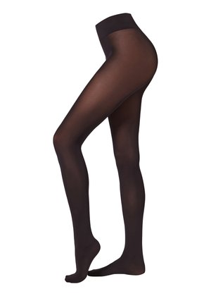 Black sheer tights displayed on a mannequin leg, featuring a high waistband and full foot coverage against a white background.