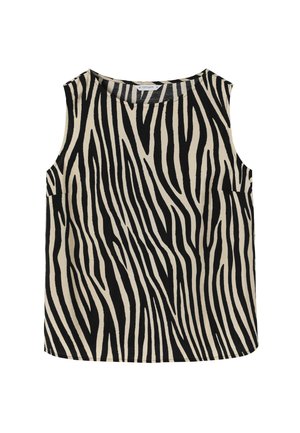Majica bez rukava u crno-bež zebraste šare, izrađena od mekanog materijala. Ima okrugli izrez i bočne džepove. Ravna ivica.