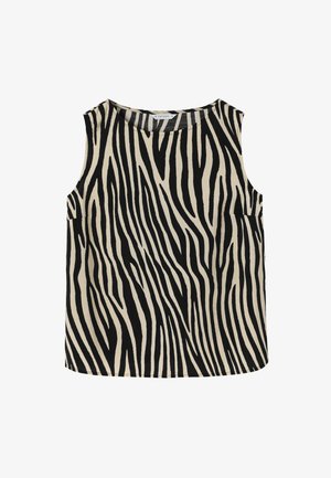 Majica bez rukava u crno-bež zebraste šare, izrađena od mekanog materijala. Ima okrugli izrez i bočne džepove. Ravna ivica.