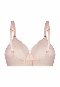 Biustonosz z przezroczystego, jasnoróżowego materiału, trójkątnymi miseczkami, koronkowym wykończeniem ze skośnym brzegiem, regulowanymi ramiączkami oraz zapięciem na haftkę z tyłu.