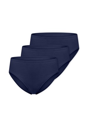 Drei marineblaue Damen-Slips mit einfachem, nahtlosem Design auf weißem Hintergrund gestapelt.