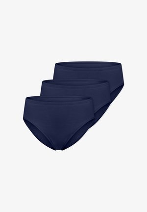 Three navy blue women’s briefs stacked with a simple, seamless design on a white background.