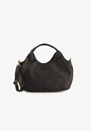Sac à épaule en cuir noir, de forme arrondie, avec une finition texturée, deux poignées et un accent en métal doré sur la sangle détachable.