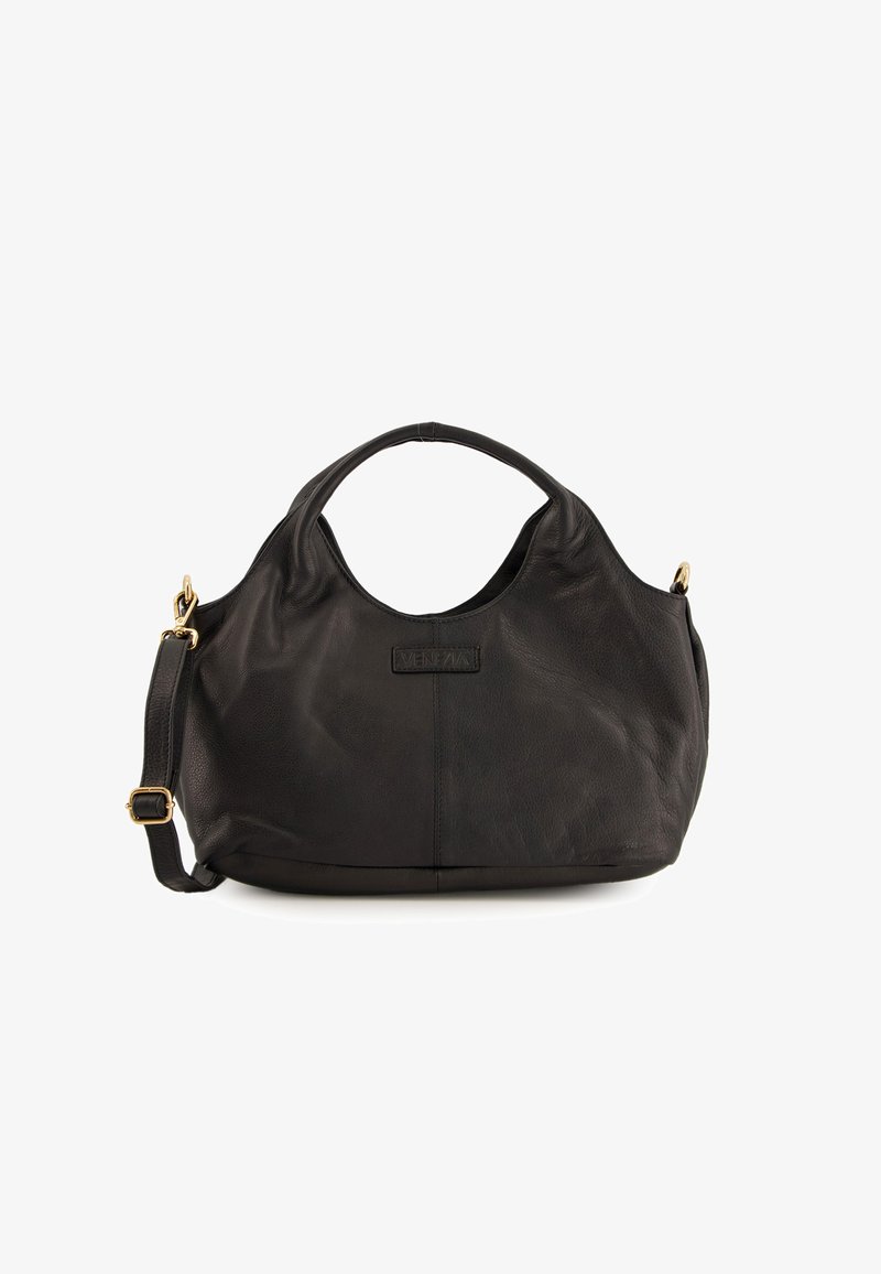 Schwarze Leder-Schultertasche mit runder Form, strukturiertem Finish, doppelten Griffen und einem goldenen Hardware-Akzent am abnehmbaren Schulterriemen.